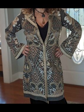 Embroidered Long Trench Coat in Olive and Taupe